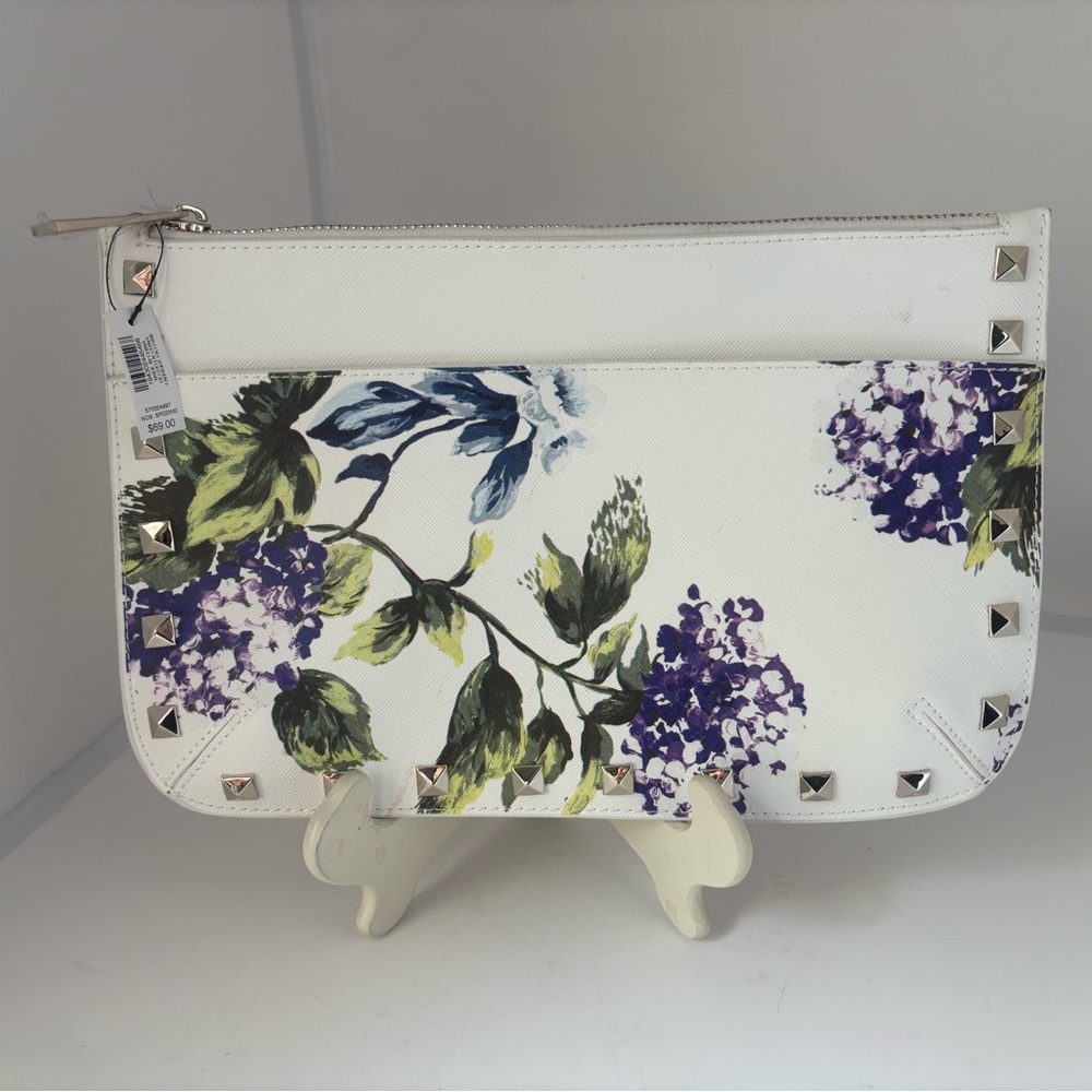 White House Black Market Floral White Clutch/wristlet with Stud Accents NWT
